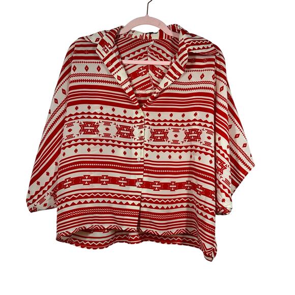 VERY J Red White Tribal Print Short Sleeve Button Down Blouse L - Picture 1 of 6